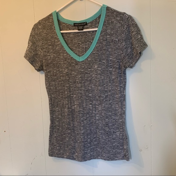American Dream Gray & Aqua (Blue) V-neck Women's Casual T-shirt size L - Picture 10 of 16